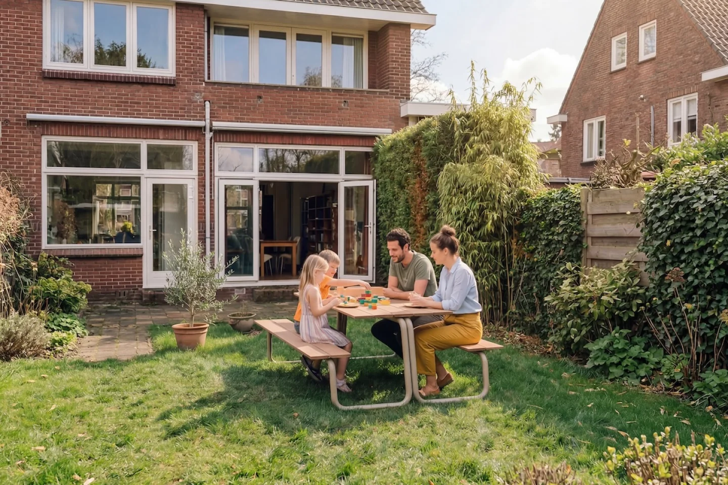 Gezin in tuin aan tuintafel