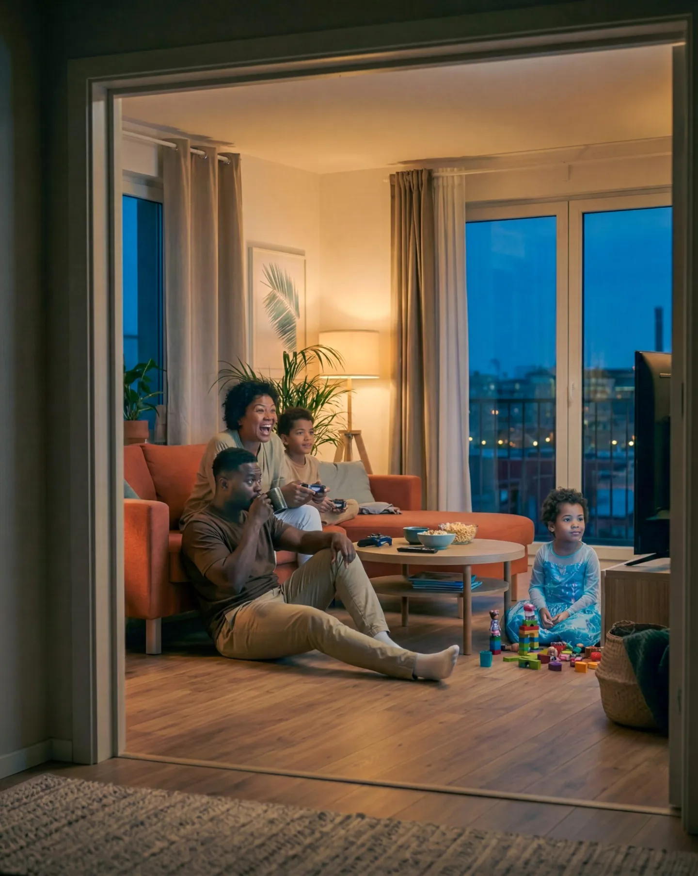 Gezin brengt samen een ontspannen avond door in de woonkamer van hun appartement, passend bij verzekeringen voor je nieuwe woonsituatie.