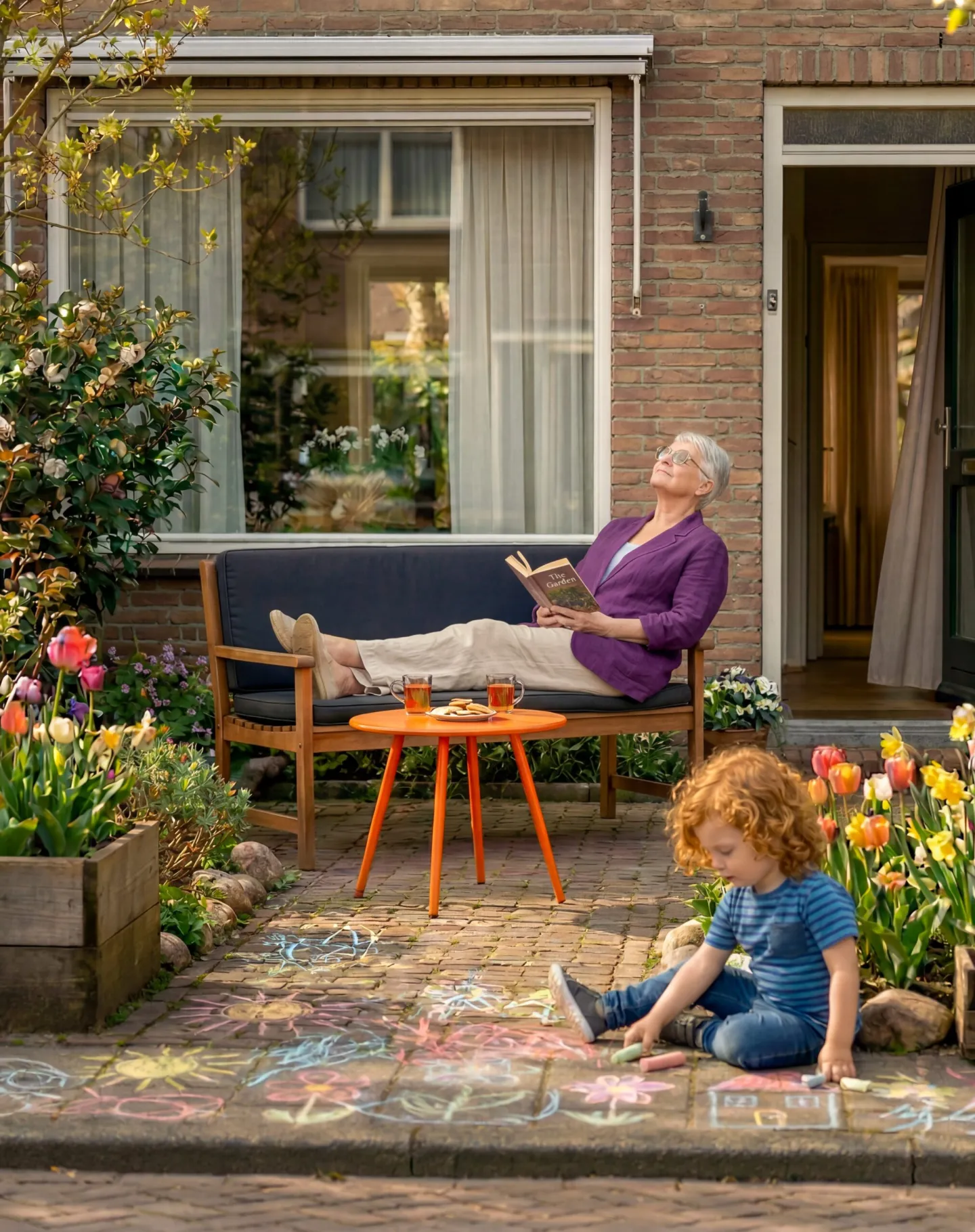 Oudere vrouw leest buiten voor haar woning terwijl een kind met stoepkrijt speelt, passend bij verzekeringen rondom je huis en dagelijks leven.