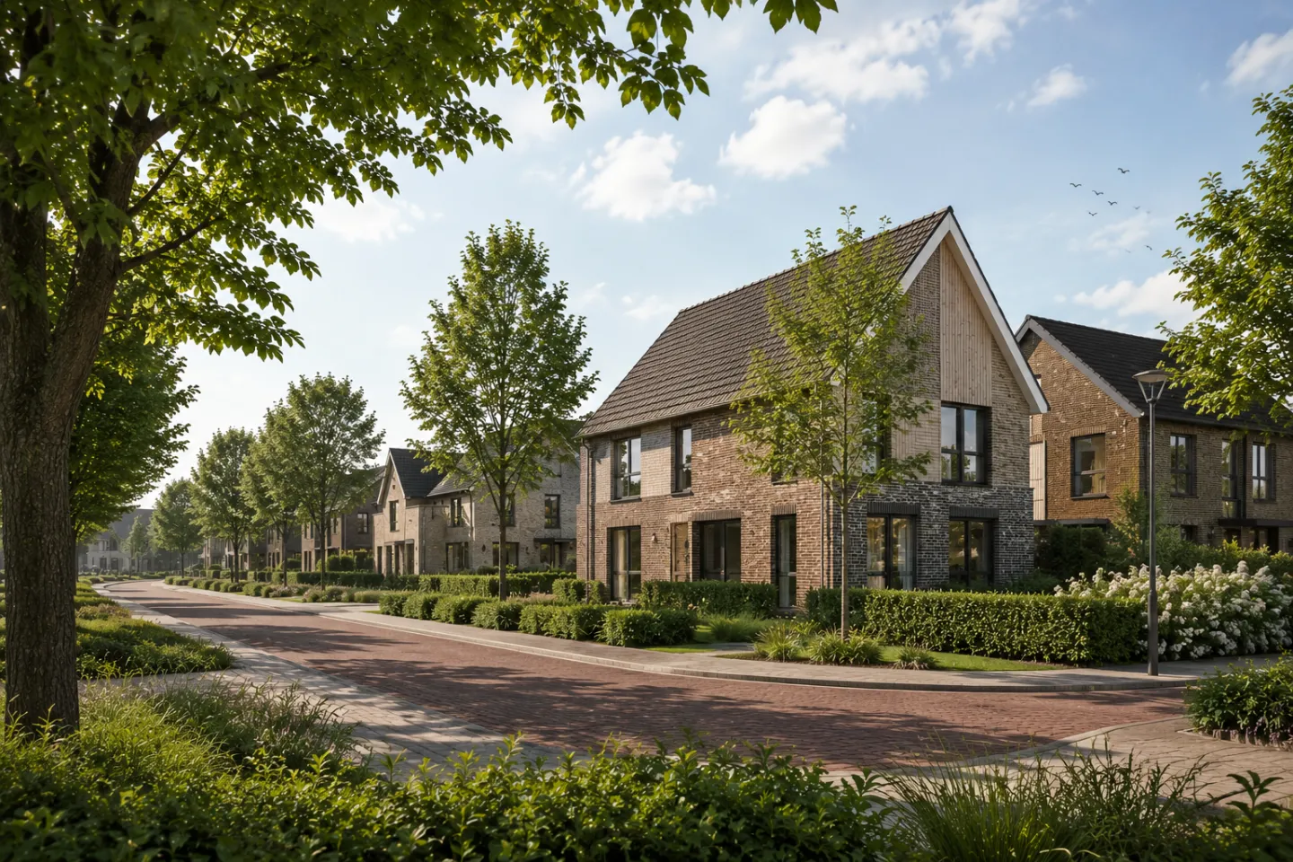 Inspiratiebeeld van nieuwbouwwoningen bij Kopermolen Vaassen in een groene woonwijk