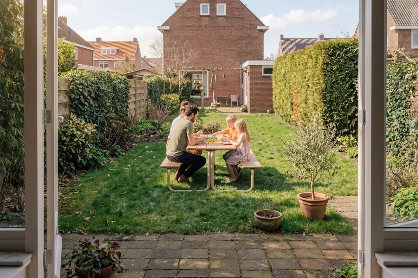 Groter wonen, gezin in tuin aan picknickbank
